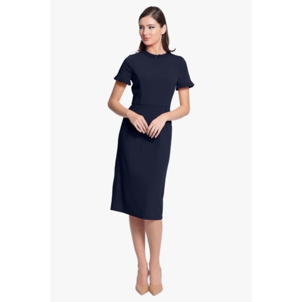 Maggy London Ruffle Trim Short Sleeve Dress Women Navy Blue Ruffle Pockets Sz 10